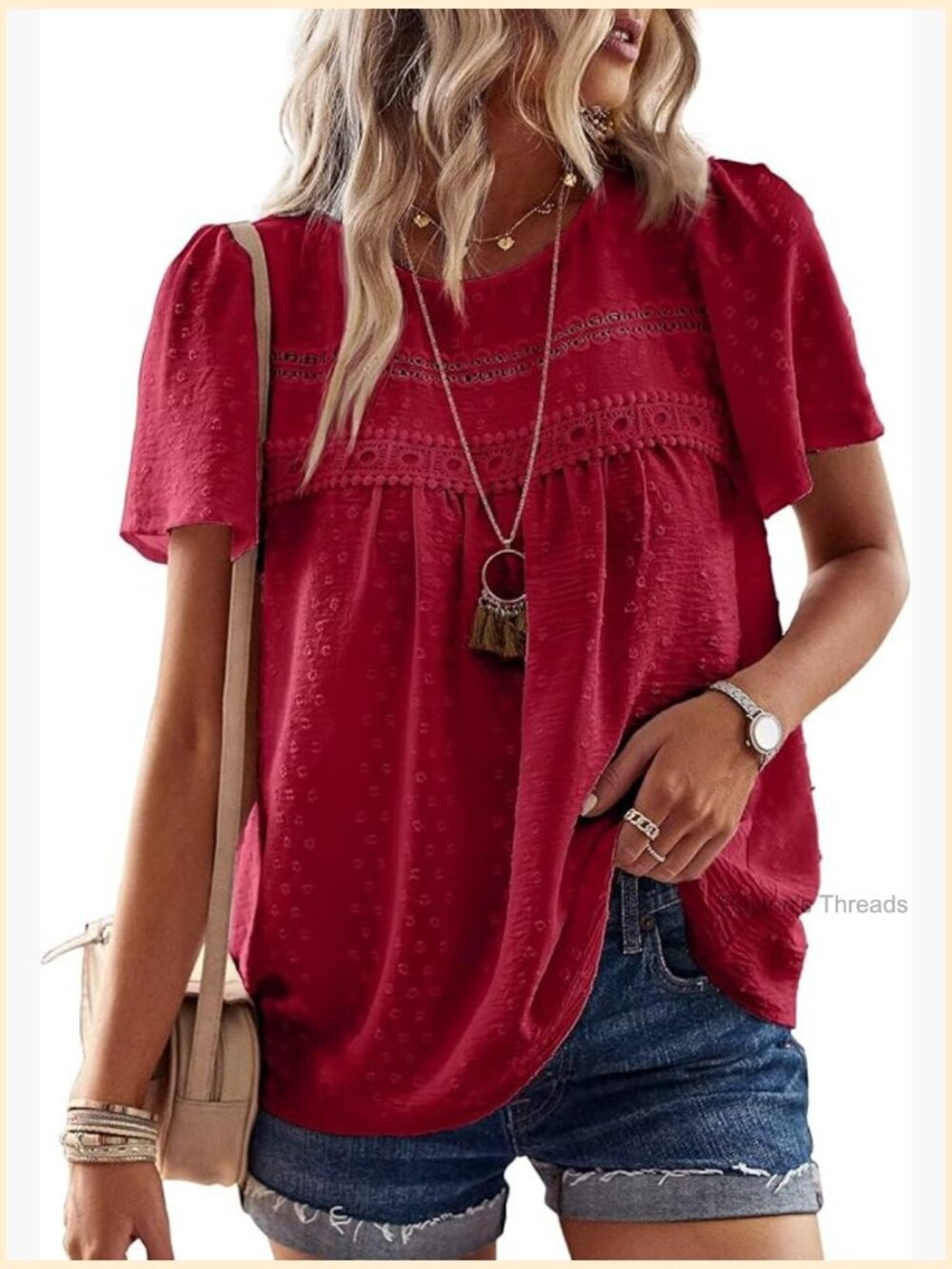 Womens Crewneck Short Sleeve Blouse Chiffon Lace Hem Boho Flowy Tunic Top